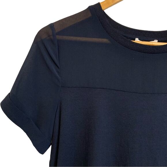 Warehouse Navy Blue Short Sleeve Sheer Top Blouse - Picture 2 of 7